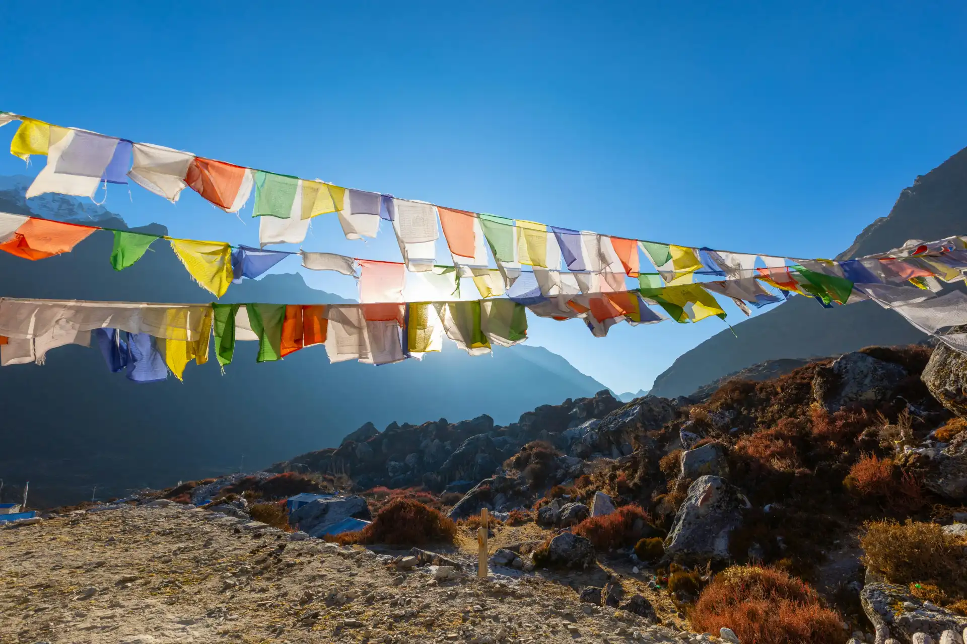 Scenic view of snow-capped Himalayas with vibrant Tibetan prayer flags fluttering, creating a peaceful atmosphere.
