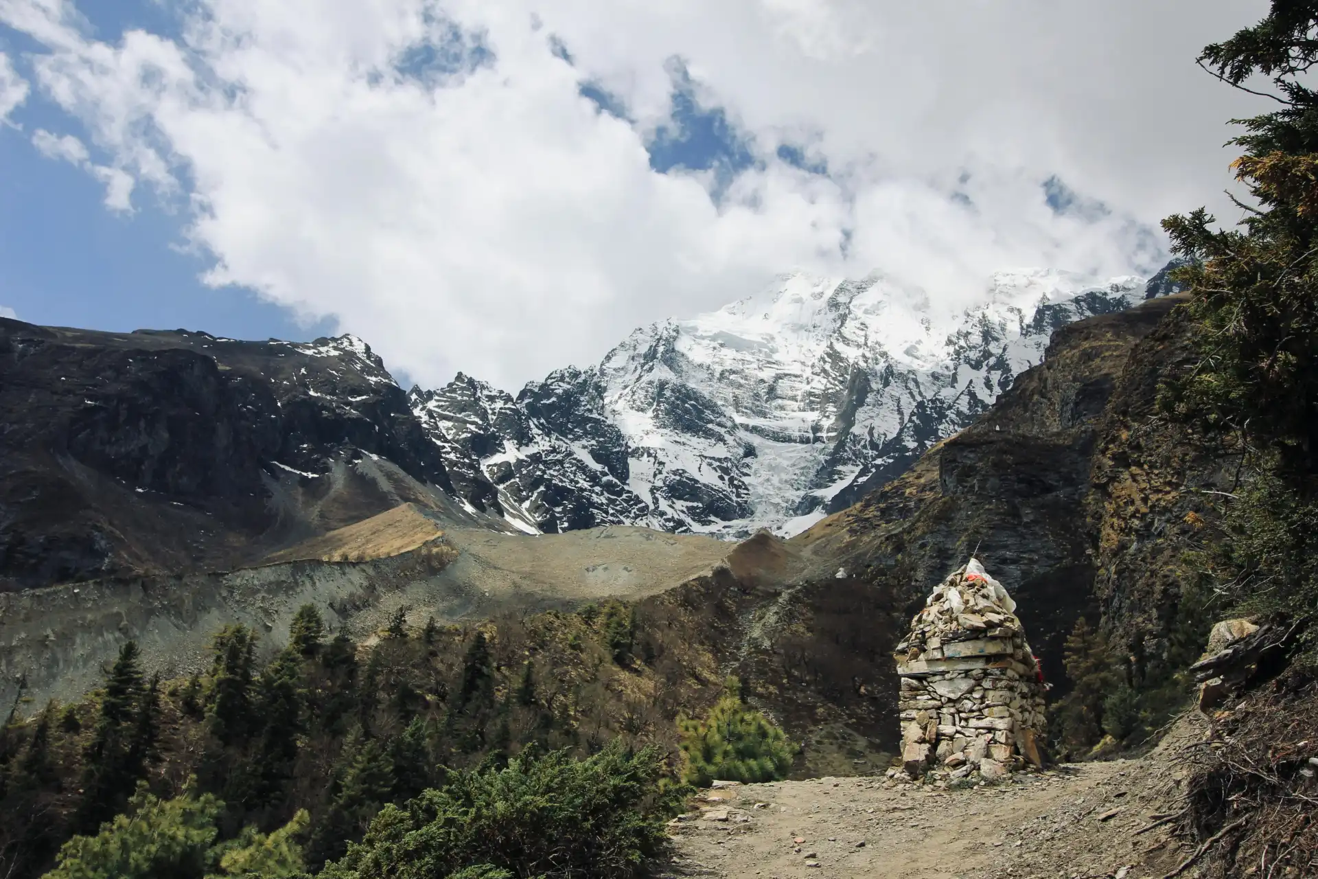 Scenic view of snowcapped Annapurna with rocky terrain and trees in Nepal.