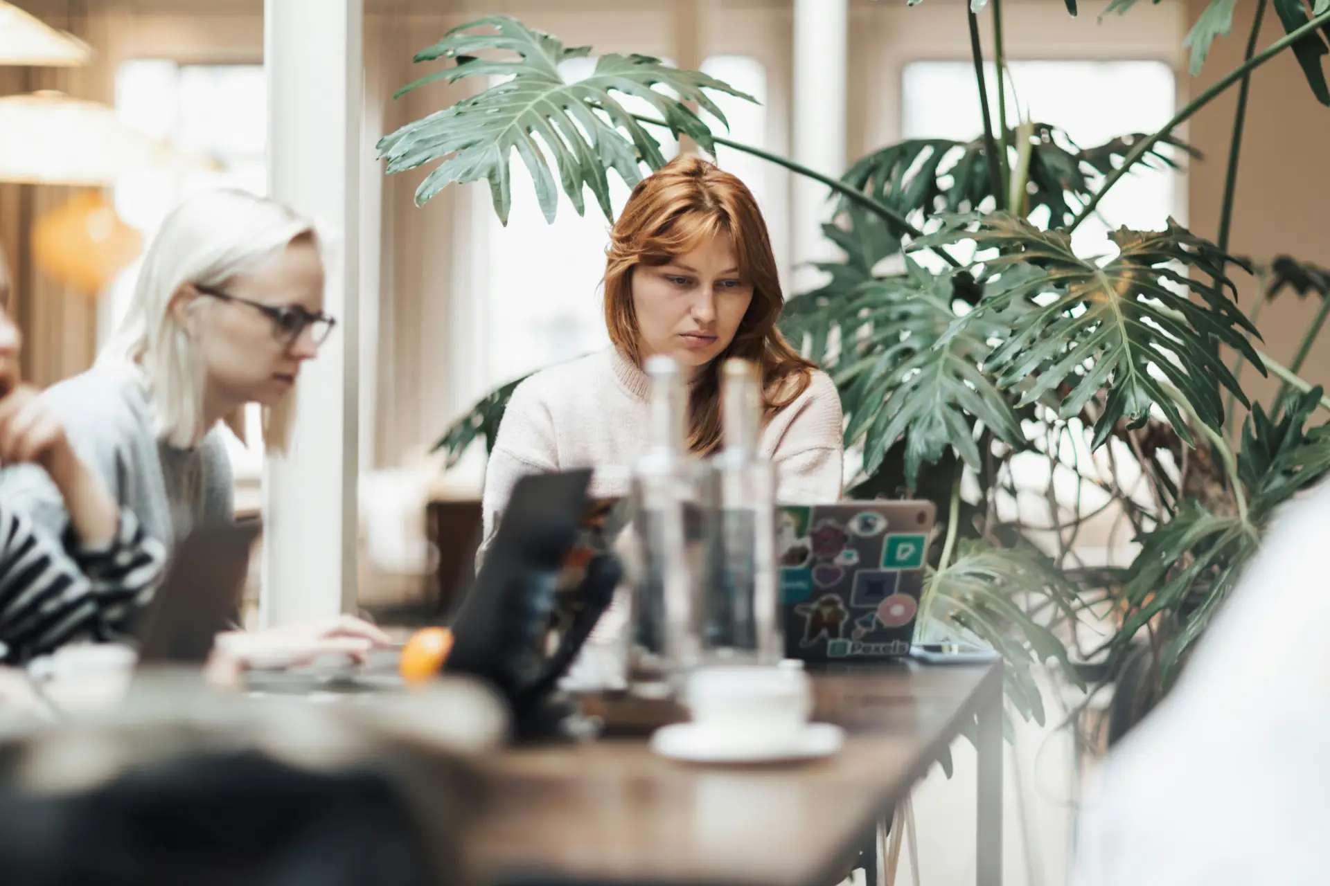 Two women working with laptops in a modern office surrounded by plants.
