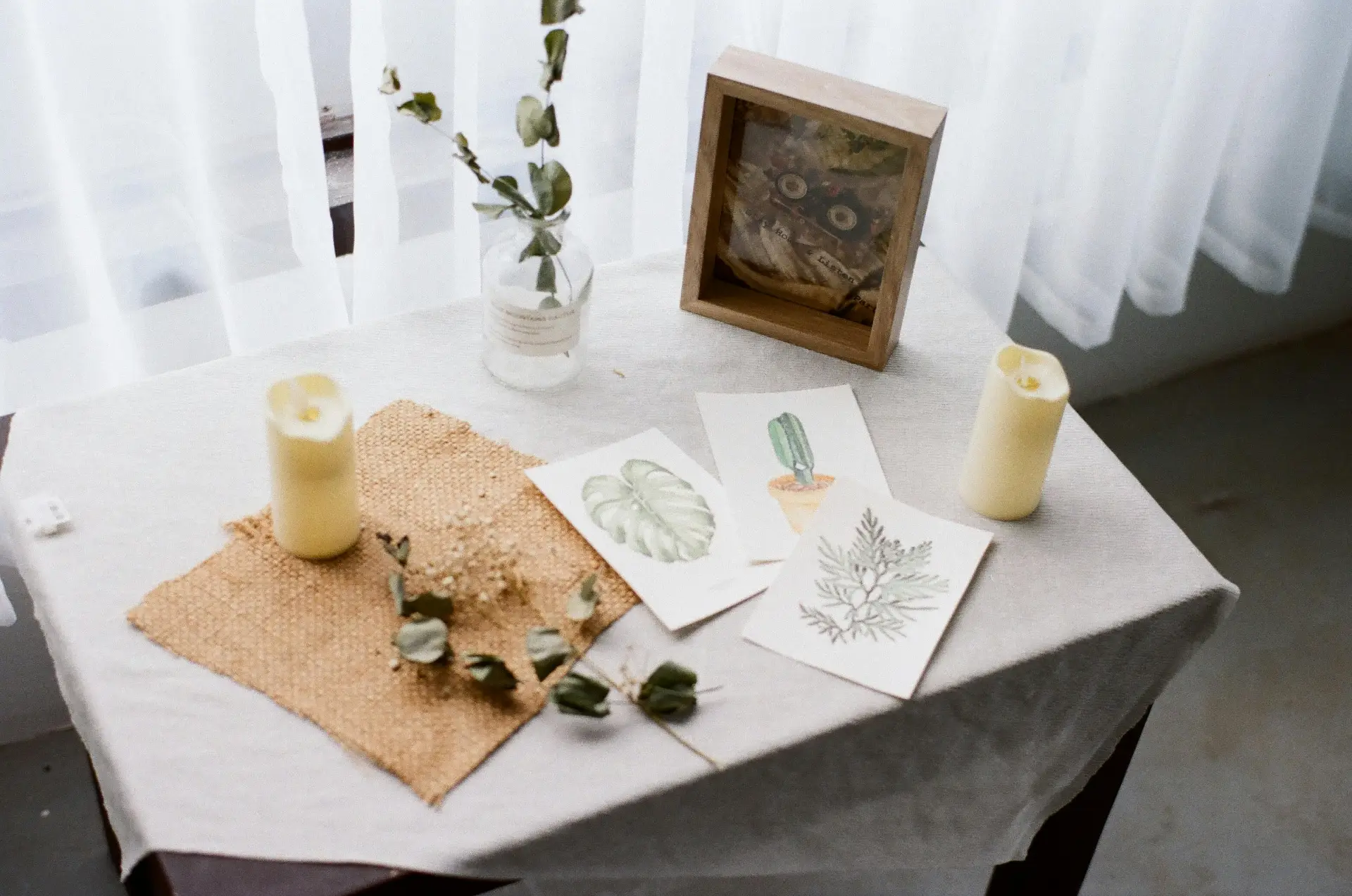 Aesthetic tabletop display featuring botanical drawings, candles, and a rustic frame in soft natural light.
