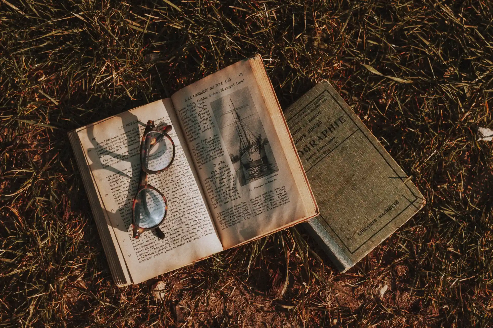 A pair of vintage glasses resting on open books on grass, evoking nostalgia and literature in warm sunlight.
